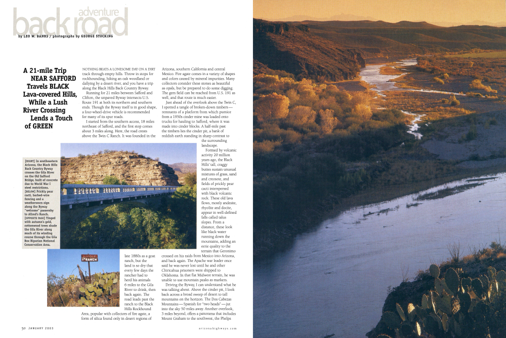 In southeastern Arizona, the Black Hills Back Country Byway crosses the Gila River on the Old Safford Bridge, built of concrete due to World War I steel restrictions.