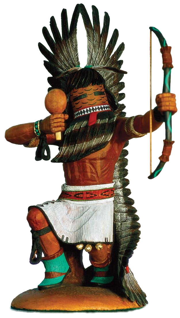 Young contemporary Hopi artists often use traditional styles as starting points for their more elaborate kachinas, which may feature highly detailed carving and dramatic poses, like these pieces by Alfred "Bo" Lomahquahu (right) and Aaron J. Fredericks (opposite page).