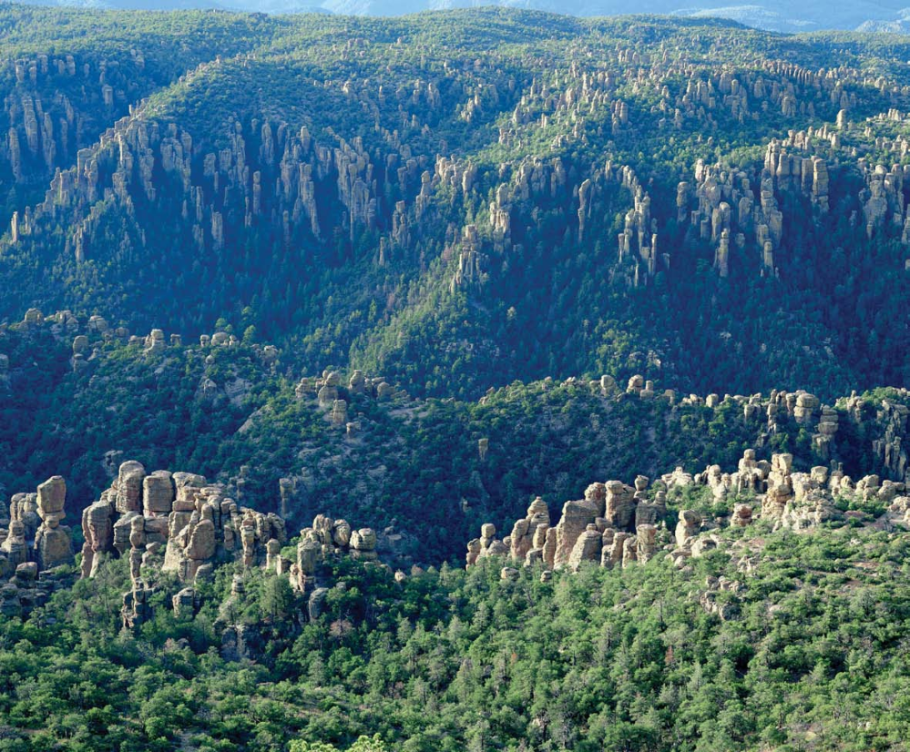 As the Sugarloaf Mountain Trail nears the 7,310-foot summit (above), hikers get an early morning glimpse of Echo and Rhyolite canyons in the Chiricahua National Monument.