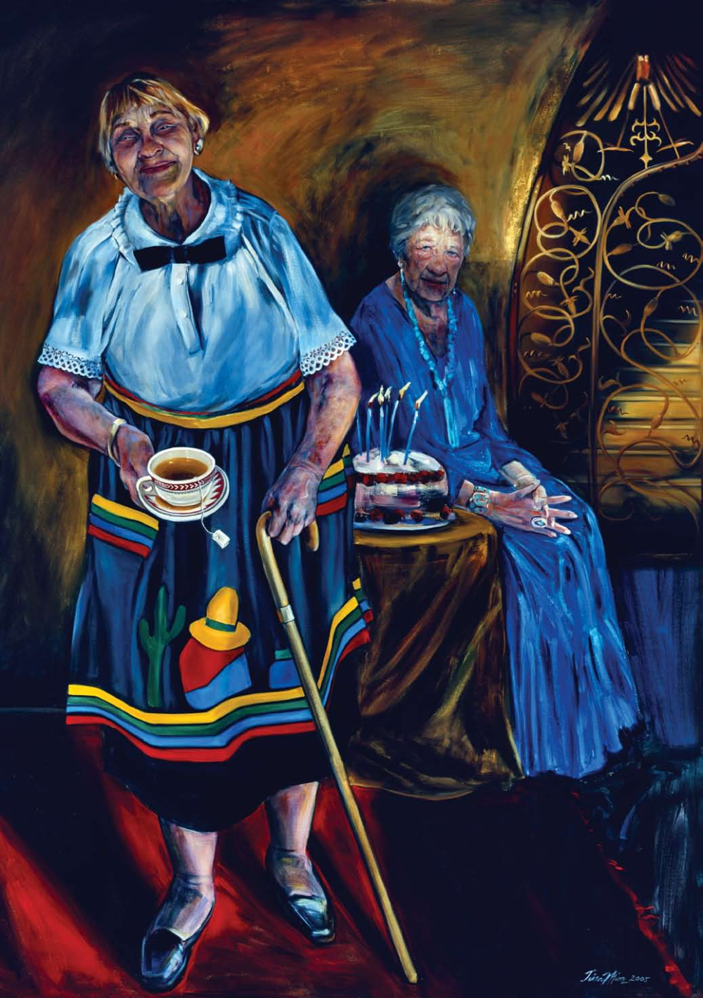 In a life-sized portrait of the late Dorothy Hunt (right), and Ruby McHood, two of the last Harvey girls from Winslow, Mion captures their fragile essences offering to passersby one last cup of tea and a cake with flickering candles.