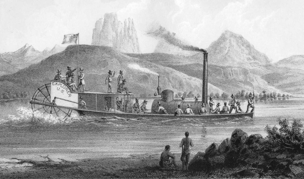 In an 1858 engraving by Ives expedition artist Heinrich Balduin Möllhausen, the paddle-wheel steamboat Explorer plods along the uncharted Colorado River.