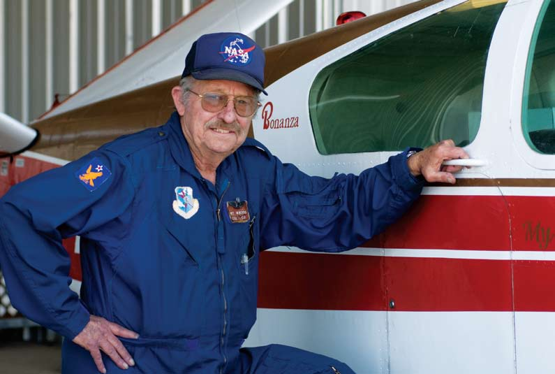 Still able to pass his physical examinations at 77, Brooks would rather fly his single-engine Bonanza than drive in a car.