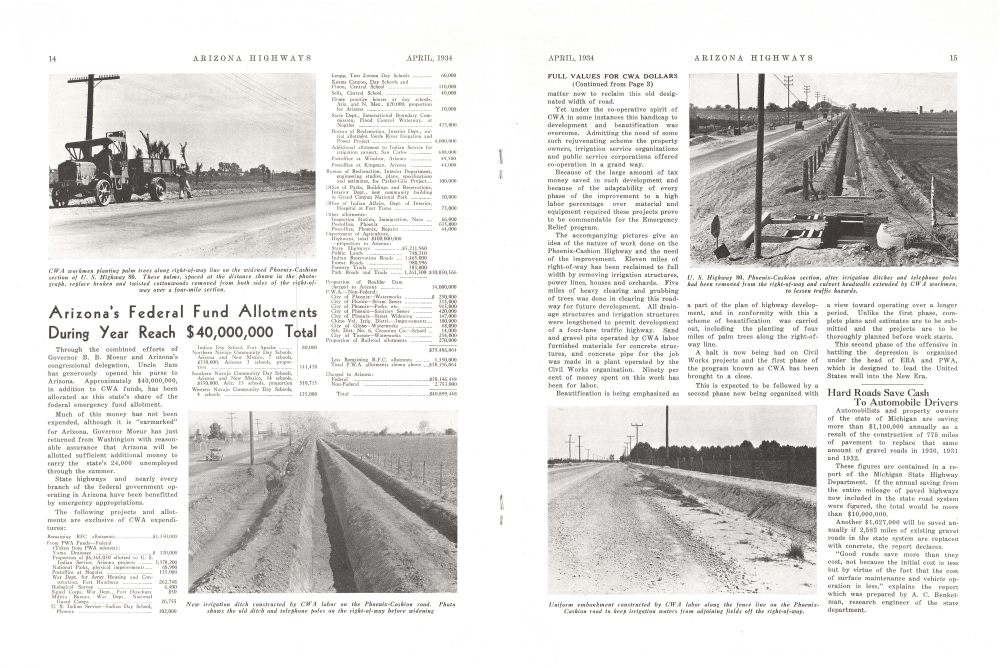 CWA workmen planting palm trees along right-of-way line on the widened Phoenix-Cashion section of U. S. Highway 80. These palms, spaced at the distance shown in the photograph, replace broken and twisted cottonwoods removed from both sides of the right-of-way over a four-mile section.