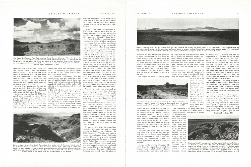 The Camel Trail as seen from Red Lake, on Grand Canyon Highway. "Emerging from the pine forest, we came upon a rolling country dotted with isolated hills and passing to the north of Mt. Sitgreaves (on right) and between it and Kendrick Peak (center distance) we came upon two fine springs which issue from the north side of Sitgreaves mountain."- Beale's report, September 13, 1857.