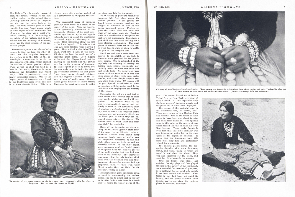 The mother of the young woman on the fore page, poses reluctantly with her riches in Turquoise. The necklace she values at $1,000.