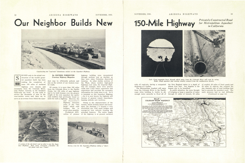 Constructing the "road-mix" bituminous surface on the Aqueduct Highway.