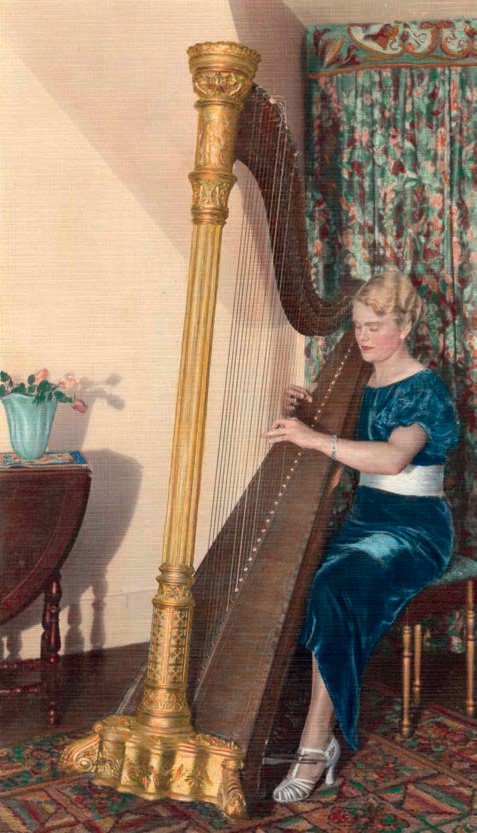 Joyce plays the harp in an undated family photo. Although she was a talented musician and writer, she majored in physical education in college. COURTESY OF THE MUENCH FAMILY