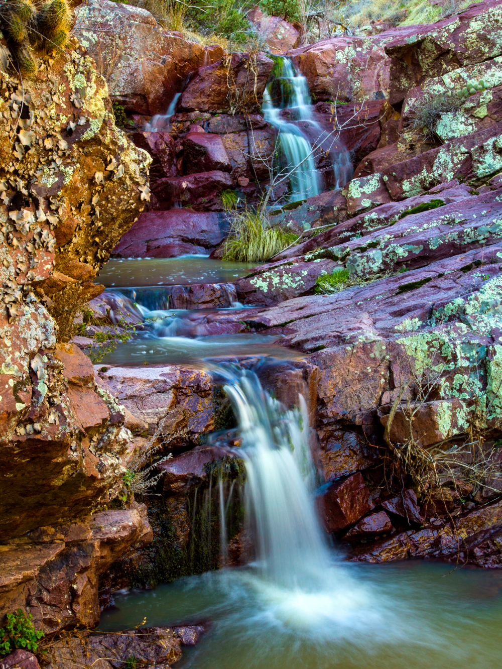 Waterfalls fed by spring snowmelt flow in a canyon along the Barnhardt Trail.