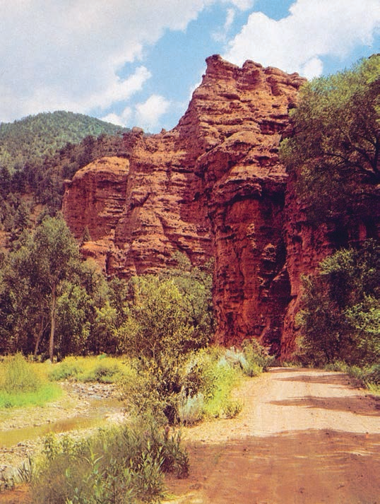 A sandstone formation looms over a road to the Blue River, near the Arizona-New Mexico state line. The Blue is one focus of the 170,000-acre Blue Range Primitive Area.