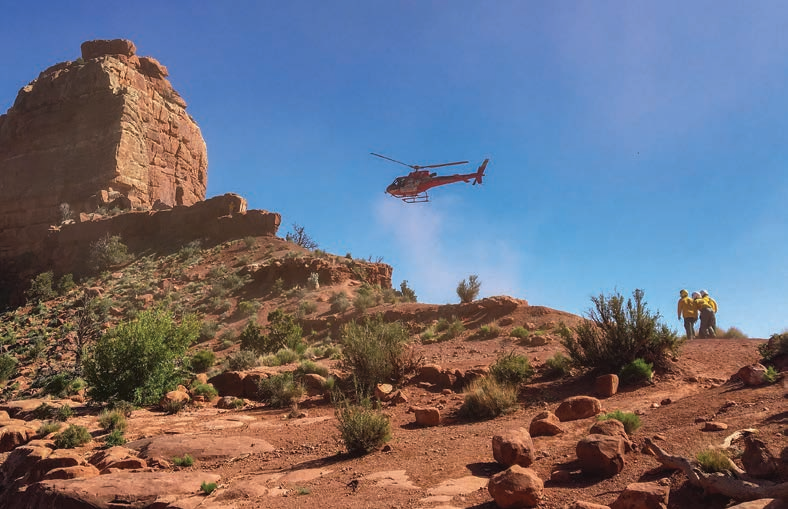 A helicopter departs from the South Kaibab Trail after a successful medevac mission.