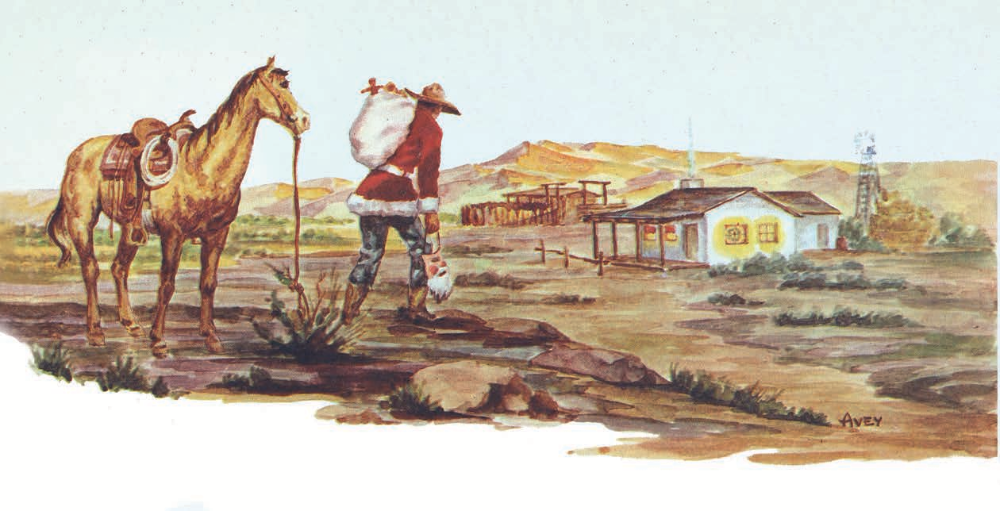 Accompanying Editor Raymond Carlson’s words in December 1947 was this illustration, of a cowboy playing Santa Claus, by Art Director George Avey.