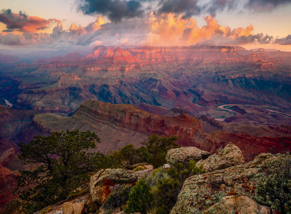 Relatively high humidity lends an ethereal quality to a Canyon panorama at Lipan Point, on the South Rim. Known for its view of the snaking Colorado (and Unkar Delta along the river), Lipan Point is just southwest of the Desert View area. CANON EOS 5DS R, 0.4 SEC, F/16, ISO 100, 23 MM LENS