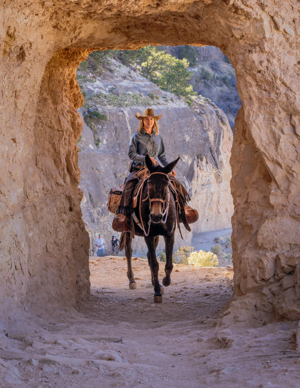 Kelbel rides a mule through one of two tunnels near the top of the Bright Angel Trail, which leads from the South Rim to the Colorado River. Trail rides for visitors follow this trail, but Kelbel also takes pack trains to Phantom Ranch via the steeper South Kaibab Trail.