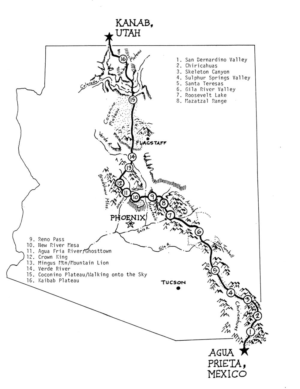 The Gillenwaters’ hand-drawn map shows their route across Arizona, which featured many of the state’s most scenic places — some of which are also along the Arizona Trail, completed three decades later.