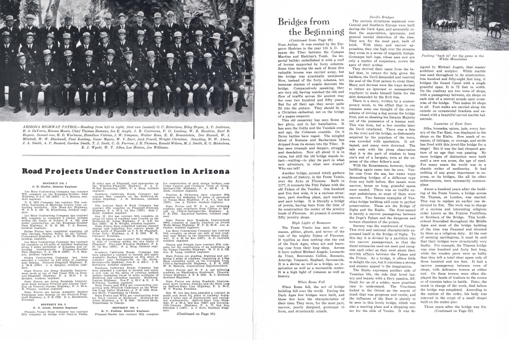 ARIZONA HIGHWAY PATROL-Reading from left to right, first row (seated) O. C. Robertson, Riley Bryan, A. P. Andrews, B. A. DeVorre, Horace Moore, Chief Thomas Rumans, Joe E. Angle, J. R. Contreras, F. O. Lindsey, W. R. Hendrix, Earl B. Rogers. Second row, H. D. Warbasse, Hamilton Vidrine, J. W. Simpson, Walter Rose, E. H. Braantelein, Dee Russell, W. J. Mitchell, W. W. Blackwell, Paul Keating, Oscar Myers, W. V. Burr, Jack Powell, Wright Christian. Standing, W. W. Akers, J. A. Smith, A. P. Buzard, Gordon Smith, T. J. Scott, C. O. Furrow, J. R. Thoman, Ronald Wilson, M. J. Smith, R. G. Michelena, E. J. Wyatt, W. T. Allen, Lee Hinton, Joe Williams.