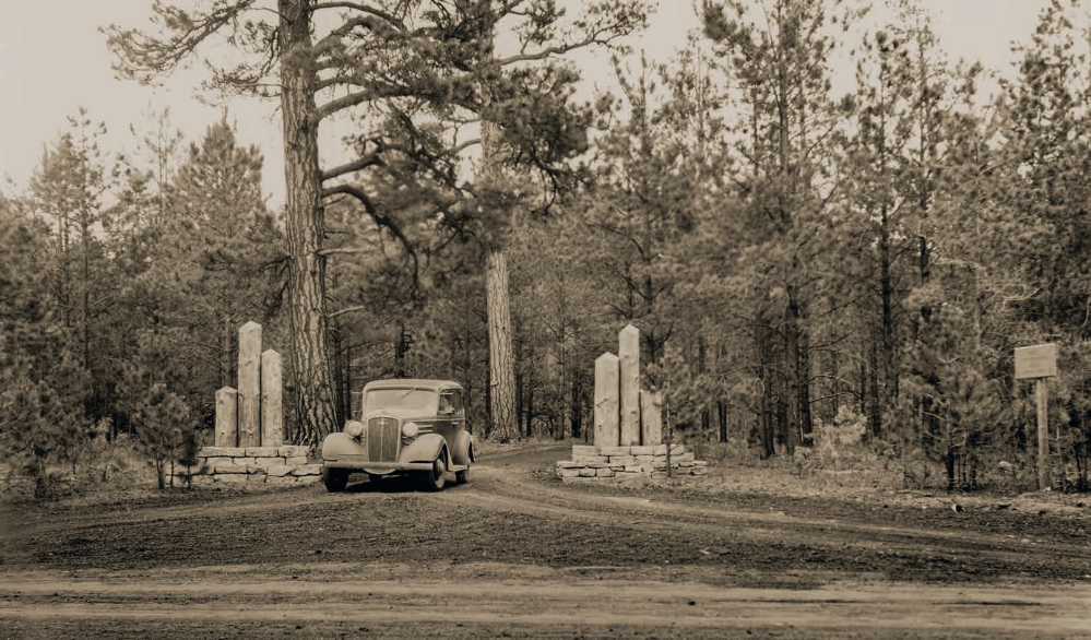 A car pulls out of a U.S. Forest Service campground near Greer, in the White Mountains of Eastern Arizona, in the 1930s. That decade, an Arizona Highways writer cited the mountains’ beauty and wildlife as reasons to establish a national park there. | Round Valley Public Library, Apache County Library District