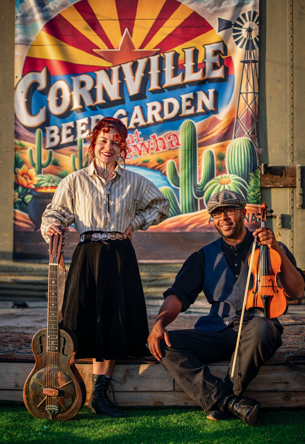Musicians Aurelia Anne Cohen and Brice Clark warm up in the golden light before their set at Brewha Social Eatery & Market in Cornville, which sits at the gateway to Arizona wine country.