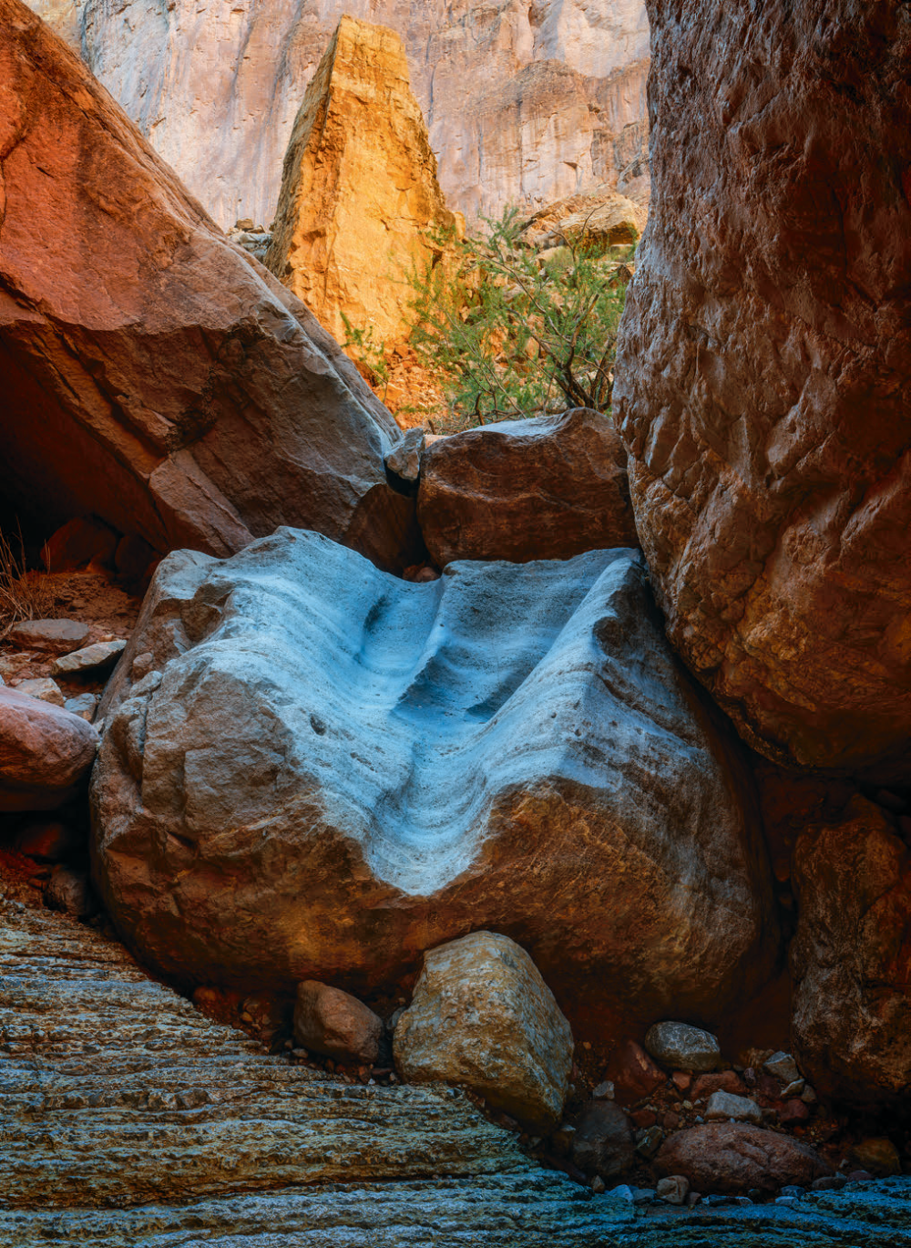 A massive rock pillar glows in reflected light in Little Nankoweap Canyon, a side canyon to the Colorado in the Grand Canyon. | ADAM SCHALLAU