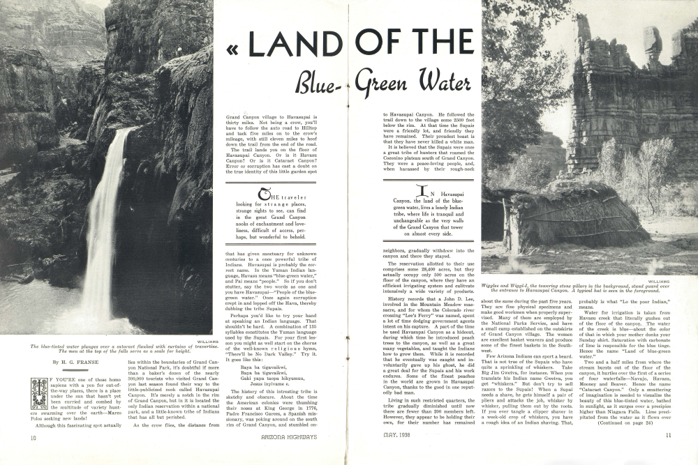 The blue-tinted water plunges over a cataract flanked with curtains of travertine. The men at the top of the falls serve as a scale for height.