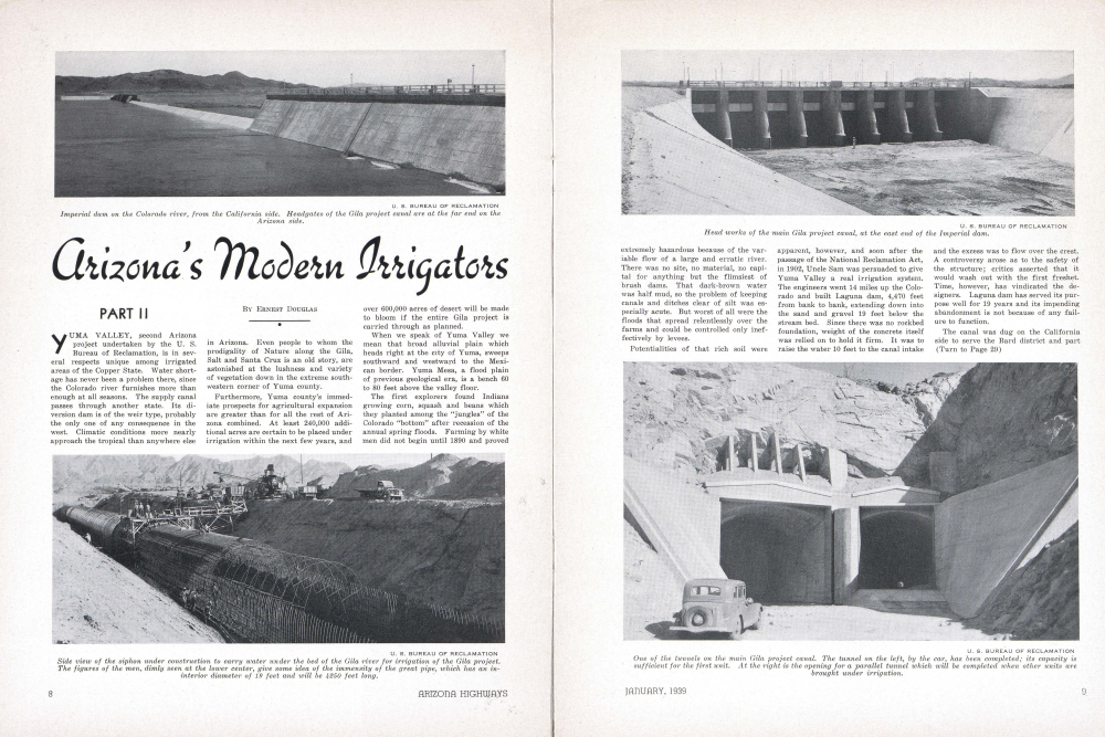 Imperial dam on the Colorado river, from the California side. Headgates of the Gila project canal are at the far end on the Arizona side.