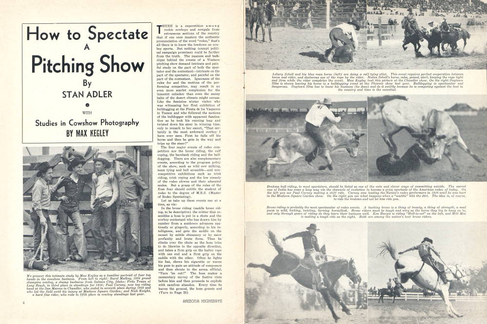 We present this intimate study by Max Kegley as a familiar portrait of four top hands in the cowshow business. From left to right: Burel Mulkey, 1938 grand champion cowboy, a champ buckaroo from Salmon City, Idaho; Fritz Truan of Long Beach, in third place in standings for 1938; Paul Carney, now top riding hand at the San Marcos in Chandler, who ended in seventh place during 1988 and who led the field until his injury at Madison Square Garden; and Nick Knight, a hard fine rider, who rode to fifth place in cowboy standings last year.