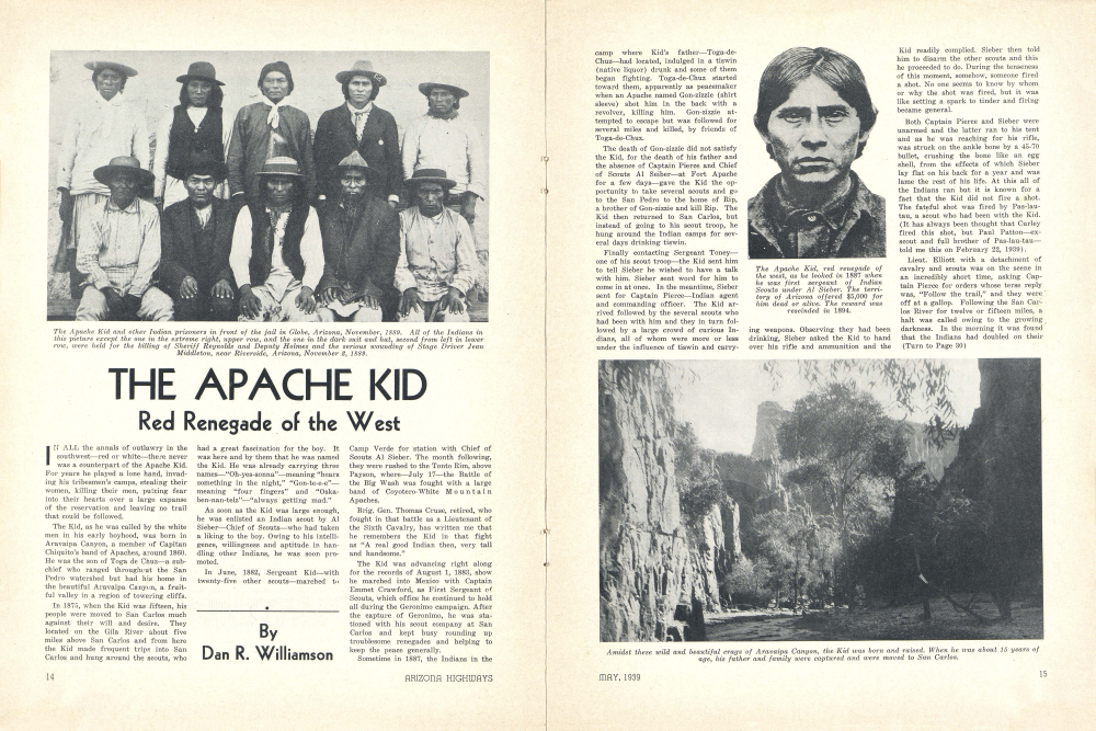 The Apache Kid and other Indian prisoners in front of the jail in Globe, Arizona, November, 1889. All of the Indians in this picture except the one in the extreme right, upper row, and the one in the dark suit and hat, second from left in lower row, were held for the killing of Sheriff Reynolds and Deputy Holmes and the serious wounding of Stage Driver Jean Middleton, near Riverside, Arizona, November 2, 1889.