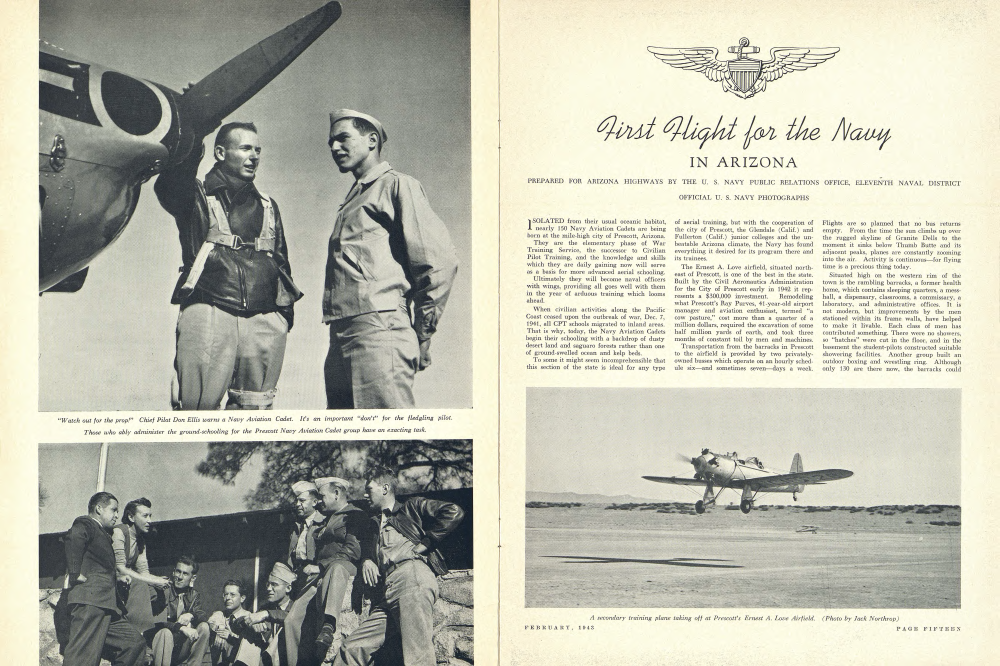 "Watch out for the prop!" Chief Pilot Don Ellis warns a Navy Aviation Cadet. It's an important "don't" for the fledgling pilot.