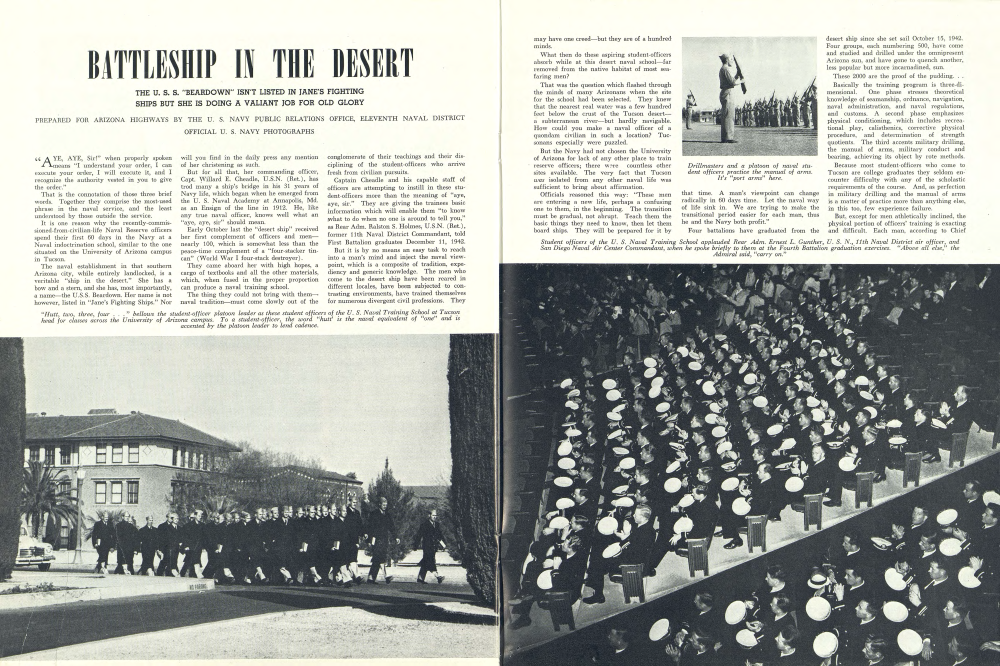 "Hutt, two, three, four ..." bellows the student-officer platoon leader as these student officers of the U. S. Naval Training School at Tucson head for classes across the University of Arizona campus. To a student-officer, the word "hutt' is the naval equivalent of "one" and is accented by the platoon leader to lend cadence.