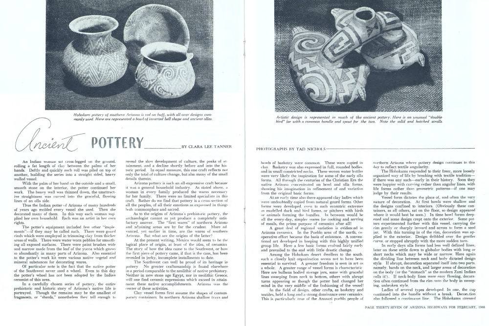 Hohokam pottery of southern Arizona is red on buff, with all-over designs commonly used. Here are represented a bowl of inverted bell shape and ancient ollas.