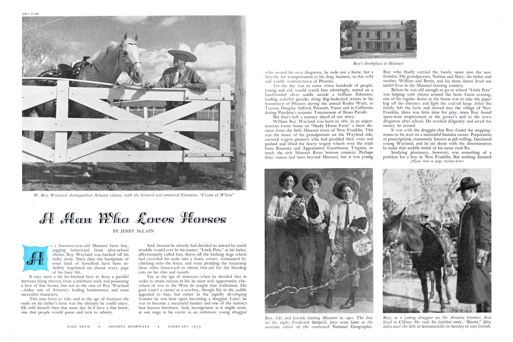 W. Roy Wayland, distinguished Arizona citizen, with the beloved and immortal Palomino, "Cream of Wheat"