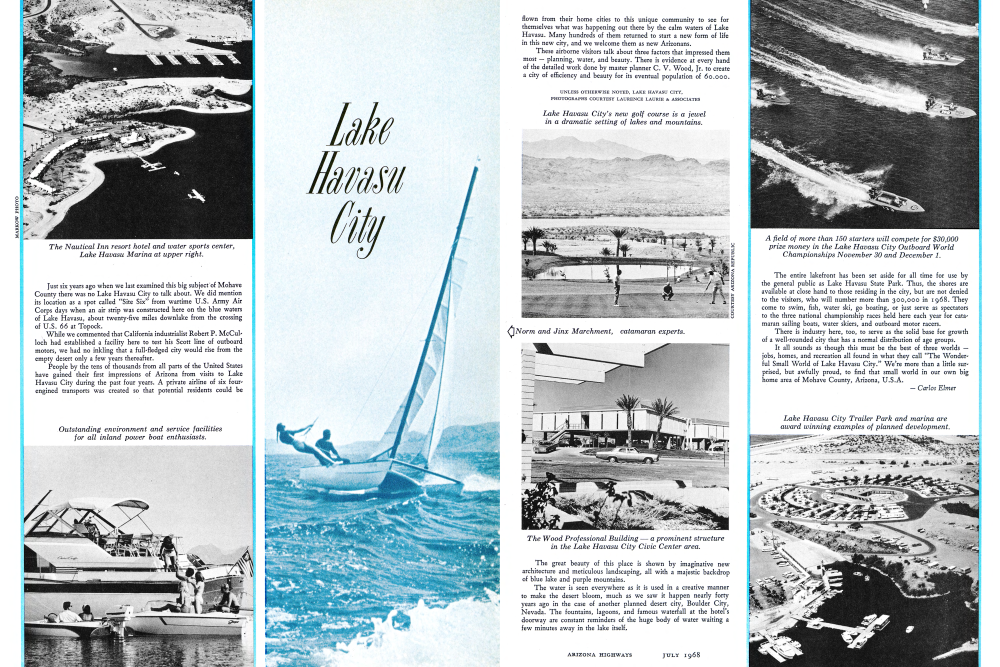 The Nautical Inn resort hotel and water sports center, Lake Havasu Marina at upper right.
