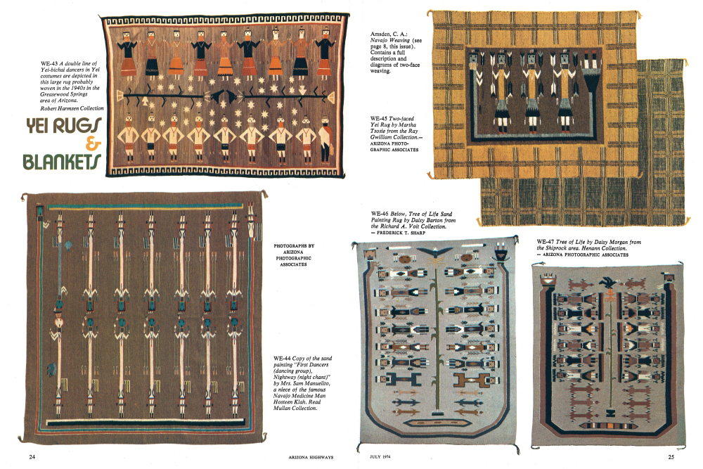 A double line of Yei-bichai dancers in Yei costumes are depicted in this large rug probably woven in the 1940s in the Greasewood Springs area of Arizona.