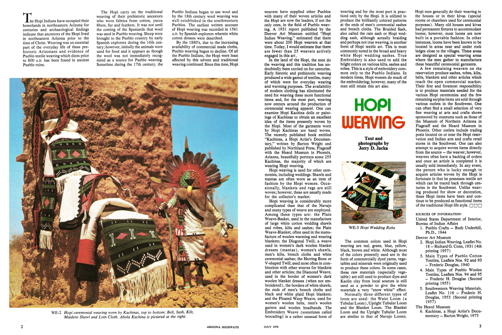 Hopi ceremonial weaving worn by Kachinas, top to bottom: Belt, Sash, Kilt, Maidens Shawl and Loin Cloth. Ahola Kachina is pictured at the right.