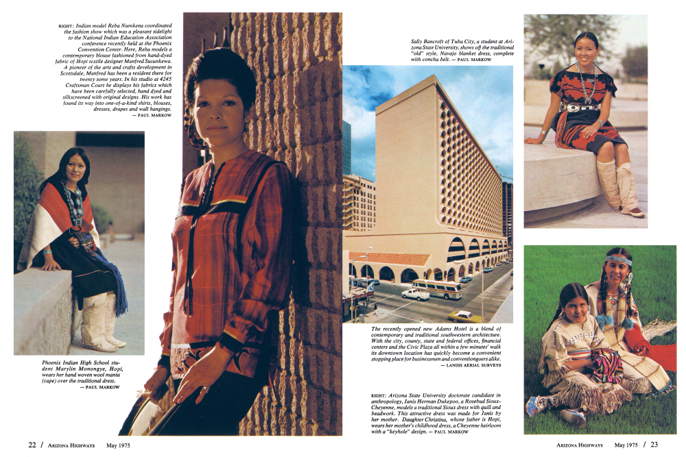 Marylin Monongye, Hopi, wears her hand woven wool manta (cape) over the traditional dress.