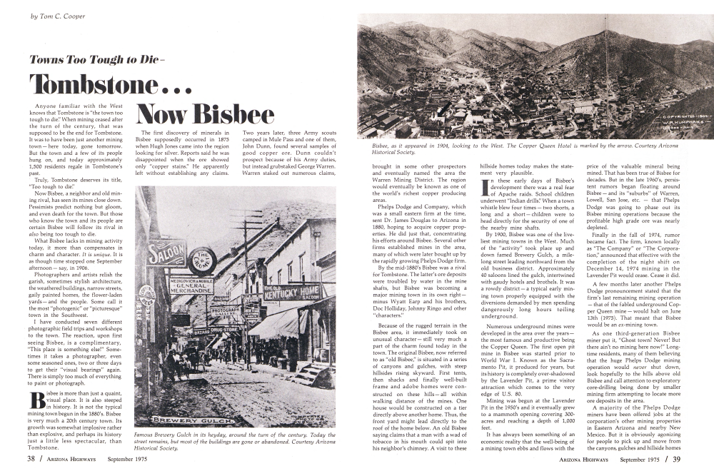 Famous Brewery Gulch in its heyday, around the turn of the century. Today the street remains, but most of the buildings are gone or abandoned. Courtesy Arizona Historical Society.