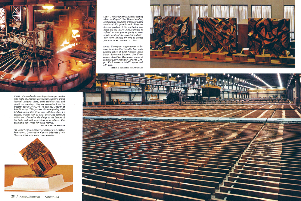 This computerized anode casting wheel at Magma's San Manuel smelter, continuously produces precision weight anodes of 800 pounds each. They are the end product of the smeltering furnaces and are 99.7% pure, but must be refined to even greater purity to meet requirements of the electrical industry. The wheel delivers 60 tons of anodes per hour.