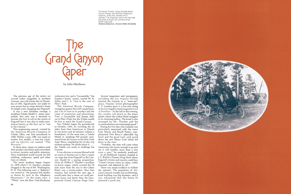 The famed 'Toledo' romps through Grand Canyon Village, with Winfield Hogaboom, observer, at the tiller. Beside him is reporter T. M. Chapman, and in the rear seat are guide Al Doyle, left, and ace driver Oliver Lippincott. Arizona Collection, Arizona State University