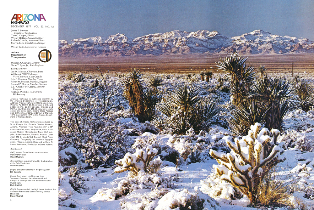 Snow-mantled, the high desert lands of the Colorado Plateau are locked in chilly silence at sunrise.