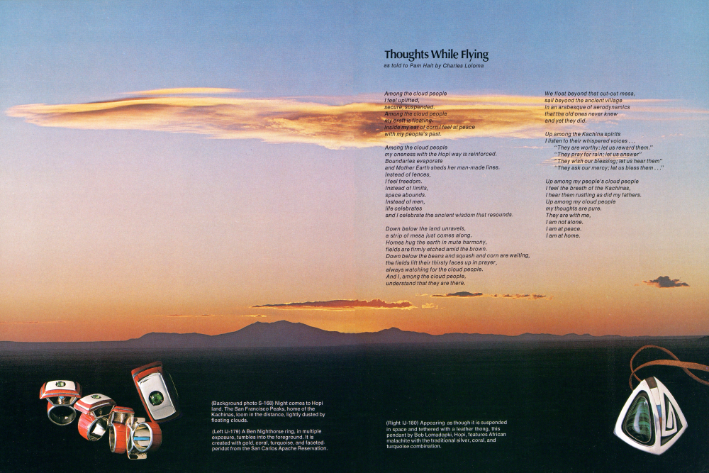 (Background photo S-168) Night comes to Hopi land. The San Francisco Peaks, home of the Kachinas, loom in the distance, lightly dusted by floating clouds.