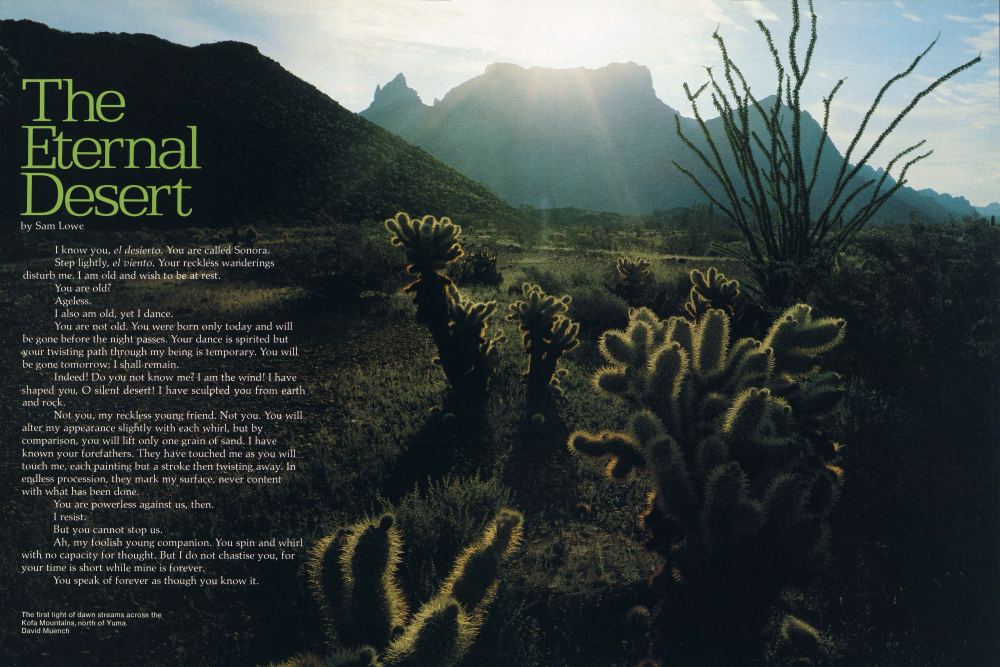The first light of dawn streams across the Kofa Mountains, north of Yuma.