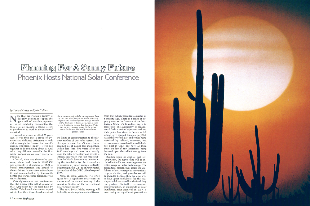 Early man worshipped the sun, enlarged here in this special-effect photo, as the source of physical and spiritual power. Today, because of the depletion of fossil fuels, man is once again looking to the sun but this time it's to tap its fierce energy to run his factories, warm his homes, and fuel his machines.