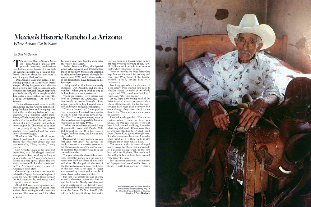 One-hundred-year-old Don Arnulfo Pinuelas still draws cowboy pay on the historic Arizona Ranch in Sonora, Mexico.