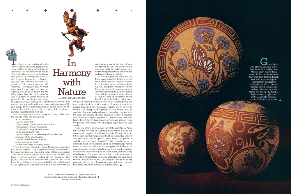 Crow Man Kachina, by Dennis Tewa, Hopi. Capturing lifelike action and wind effects is a hallmark of Tewa's carved works.
