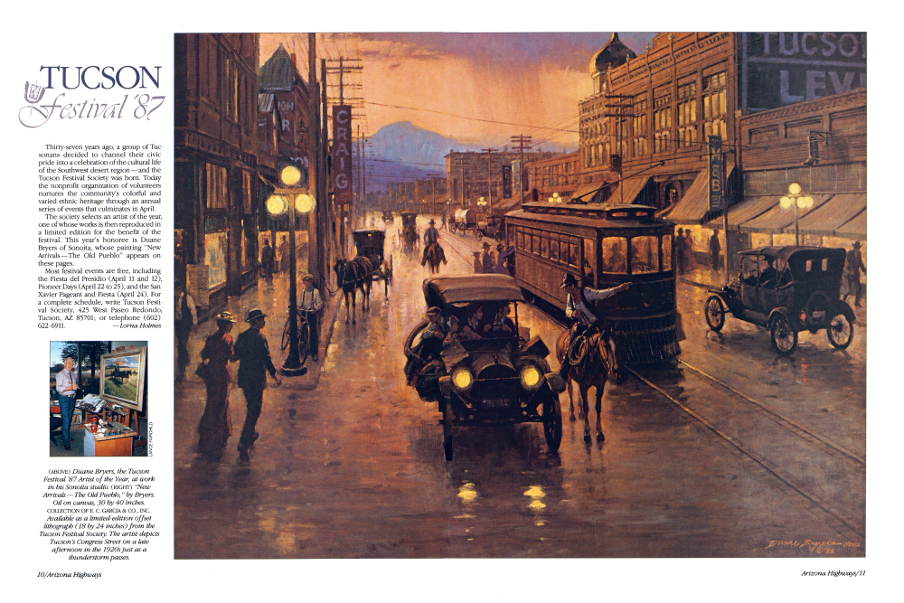 "New Arrivals—The Old Pueblo," by Bryers. The artist depicts Tucson's Congress Street on a late afternoon in the 1920s just as a thunderstorm passes.