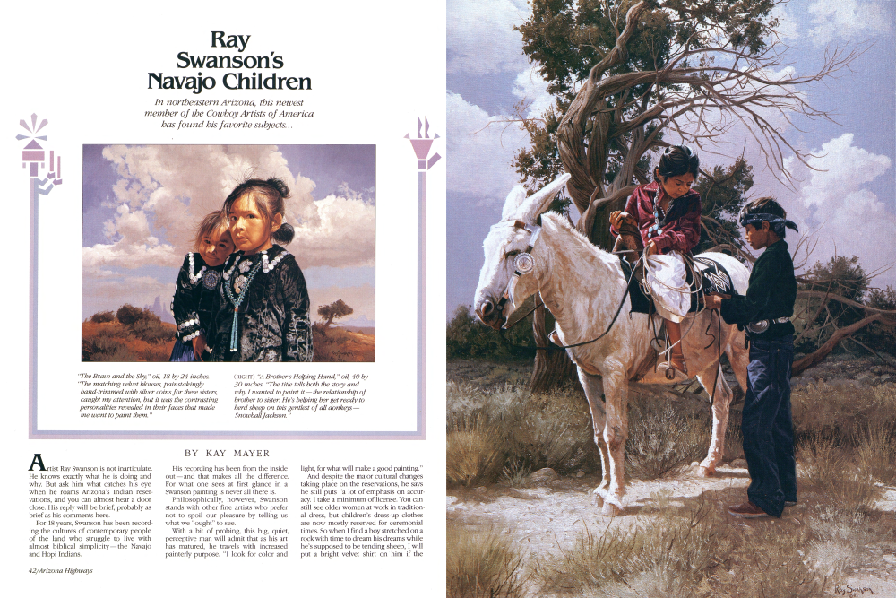 "A Brother's Helping Hand," oil, 40 by 30 inches. "The title tells both the story and why I wanted to paint it-the relationship of brother to sister. He's helping her get ready to berd sheep on this gentlest of all donkeys-Snowball Jackson."