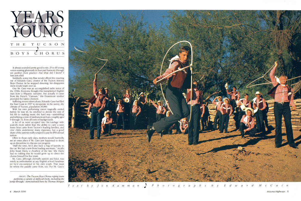 The Tucson Boys Chorus roping team performs a variety of difficult tricks, including the "jump-through," demonstrated here by Thomas Morgan.