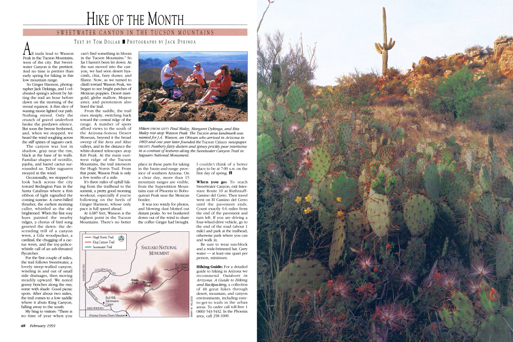 Hikers (FROM LEFT) Paul Maley, Margaret Dykinga, and Rita Maley rest atop Wasson Peak. The Tucson area landmark was named for J.A. Wasson, an Ohioan who arrived in Arizona in 1869 and one year later founded the Tucson Citizen newspaper.