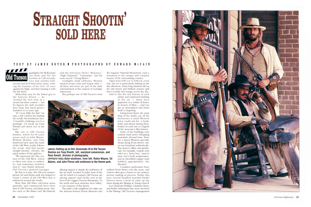 Setting up to film Gunsmoke III at Old Tucson Studios are Tony Rivetti, left, assistant cameraman, and Ross Amehl, director of photography.