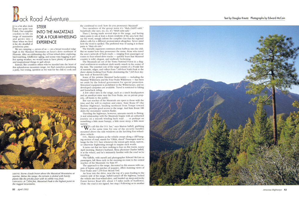 Storm clouds hover above the Mazatzal Mountains at sunrise. Below the range, the terrain is dotted with hardy plants like the prickly pear with its edible rosy fruit.