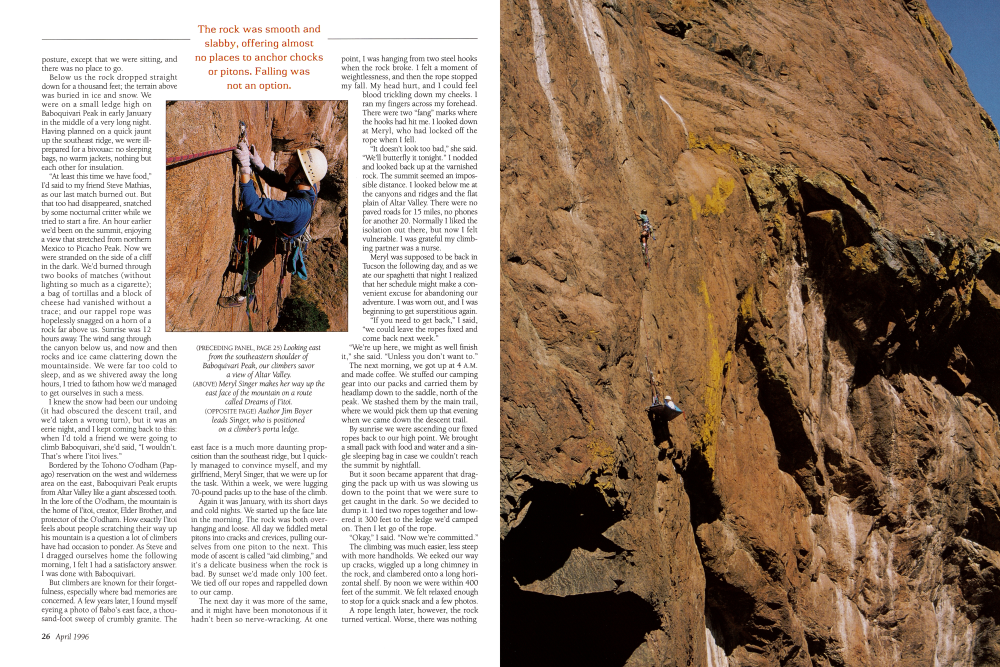 Meryl Singer makes her way up the east face of the mountain on a route called Dreams of l'itoi.